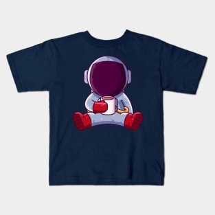 Cute Astronaut Drinking Coffee Cartoon Kids T-Shirt